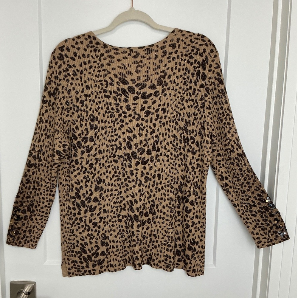 Chico's 3 Leopard Cheetah Animal Metallic Sweater Top Sequins Bling Shimmer XL - Picture 3 of 13